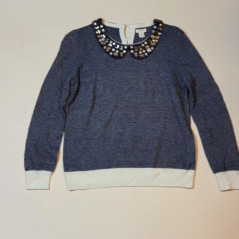 J.Crew Wool Blend Striped Jeweled Peter Pan Collar Sweater Small